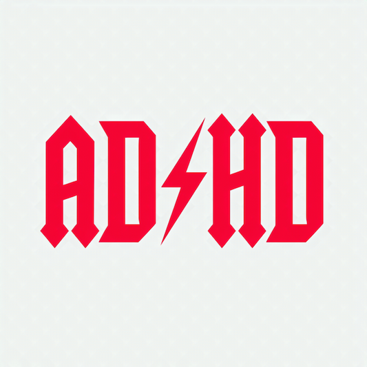 AD/HD magnet with bold red rock band parody logo typography and lightning bolt divider on light gray background