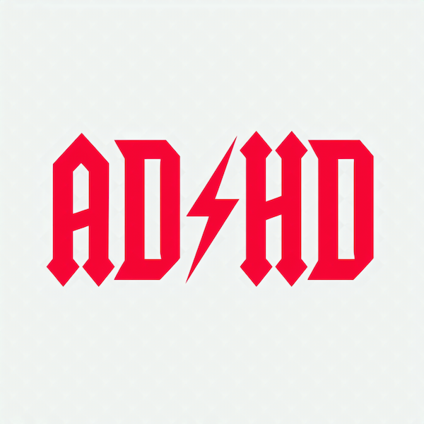 AD/HD magnet with bold red rock band parody logo typography and lightning bolt divider on light gray background