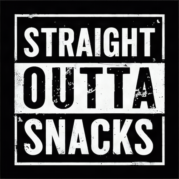 Straight Outta Snacks magnet with bold distressed white block typography in stark black and white street-style layout with double border frame