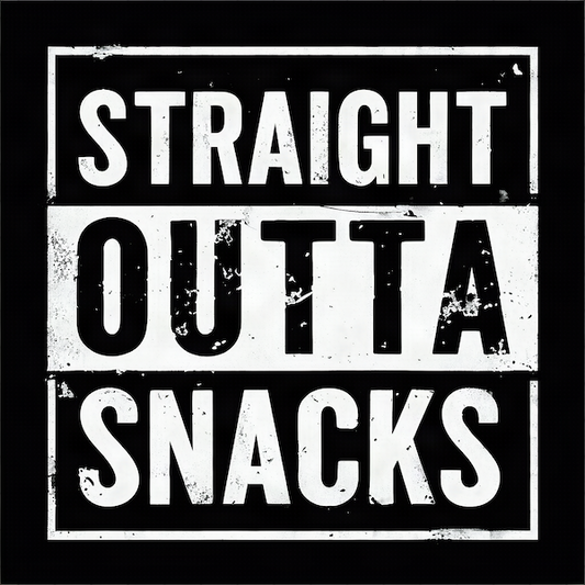 Straight Outta Snacks magnet with bold distressed white block typography in stark black and white street-style layout with double border frame