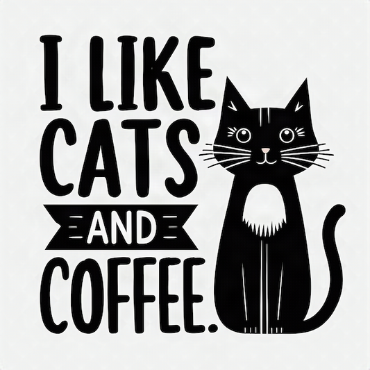 I Like Cats and Coffee magnet with bold black typography and cute black cat illustration on white background