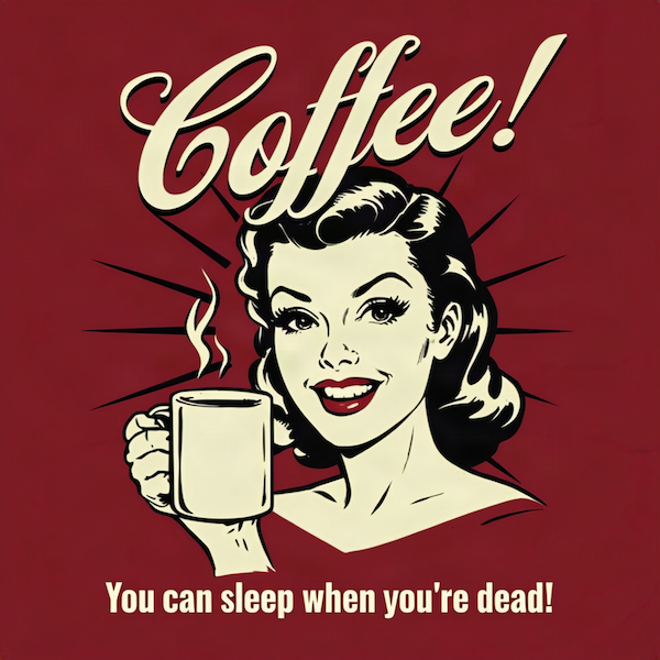 Coffee You Can Sleep When You're Dead magnet with retro pop-art glamorous woman holding steaming coffee mug with bold cream script and block typography on rich red background