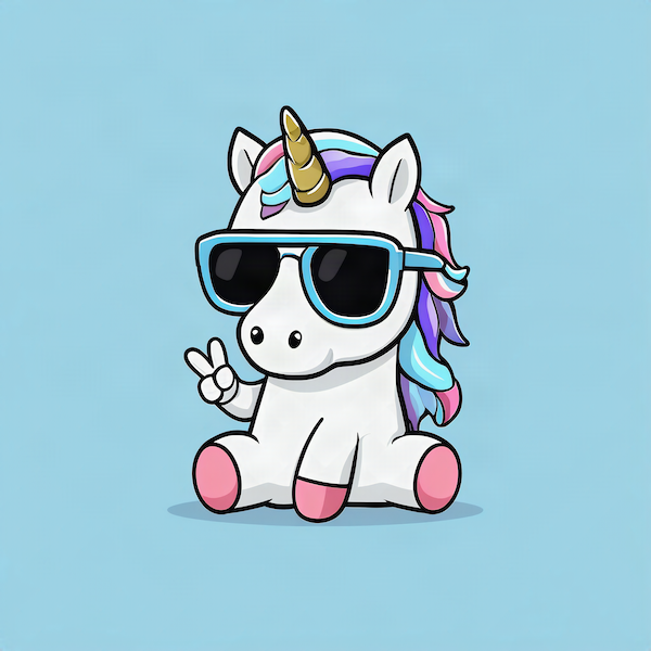 Cool Unicorn magnet with kawaii white unicorn in blue-framed sunglasses and gold horn with rainbow purple pink and teal mane flashing peace sign on soft sky blue background