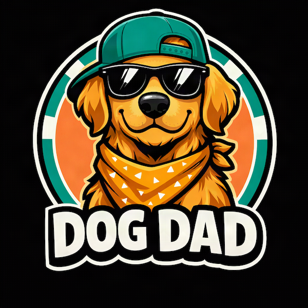 Dog Dad magnet featuring a golden retriever wearing a green snapback hat, black sunglasses and yellow bandana on black background with teal and orange circle accent