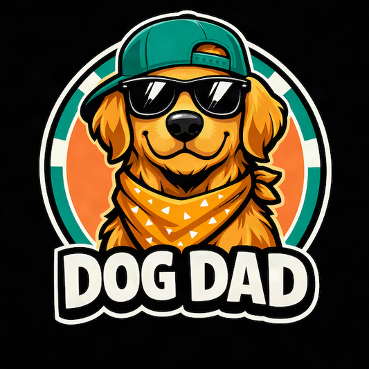 Dog Dad magnet featuring a golden retriever wearing a green snapback hat, black sunglasses and yellow bandana on black background with teal and orange circle accent