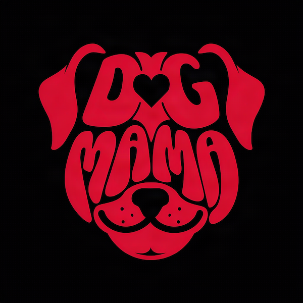 Dog Mama magnet with bold red typographic dog face silhouette design with heart detail on black background
