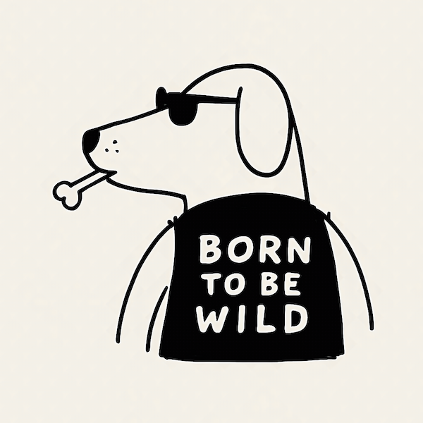 Born to Be Wild Dog magnet with minimalist line-art dog in round black sunglasses holding a bone wearing a black Born to Be Wild vest on soft cream background