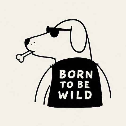 Born to Be Wild Dog magnet with minimalist line-art dog in round black sunglasses holding a bone wearing a black Born to Be Wild vest on soft cream background