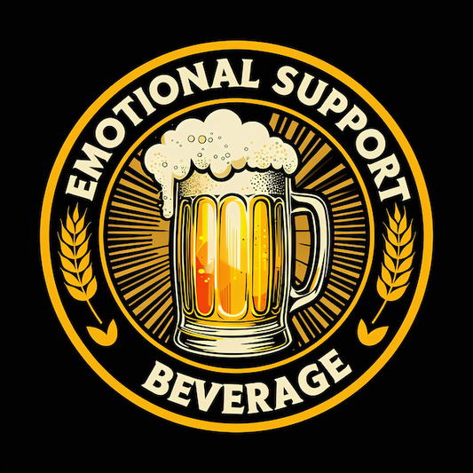 Emotional Support Beverage magnet featuring a vintage circular badge with frothy golden beer mug, wheat sprigs, sunburst rays and bold white and gold typography on black background