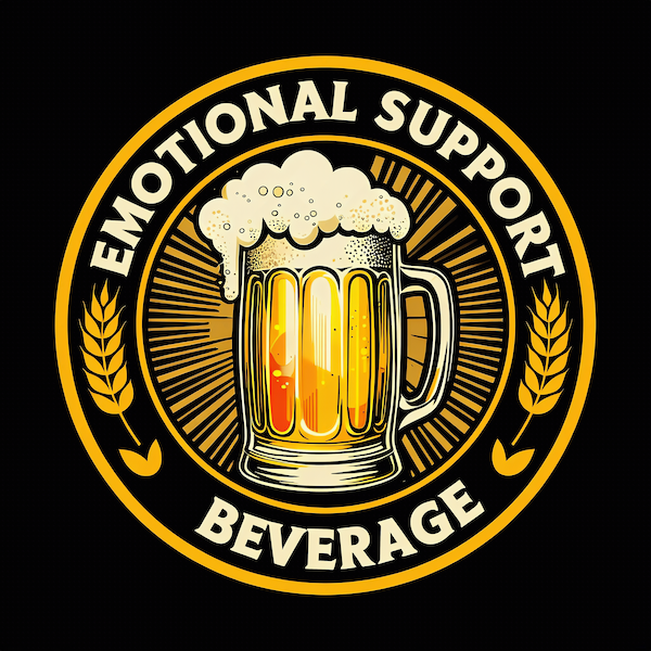 Emotional Support Beverage magnet featuring a vintage circular badge with frothy golden beer mug, wheat sprigs, sunburst rays and bold white and gold typography on black background