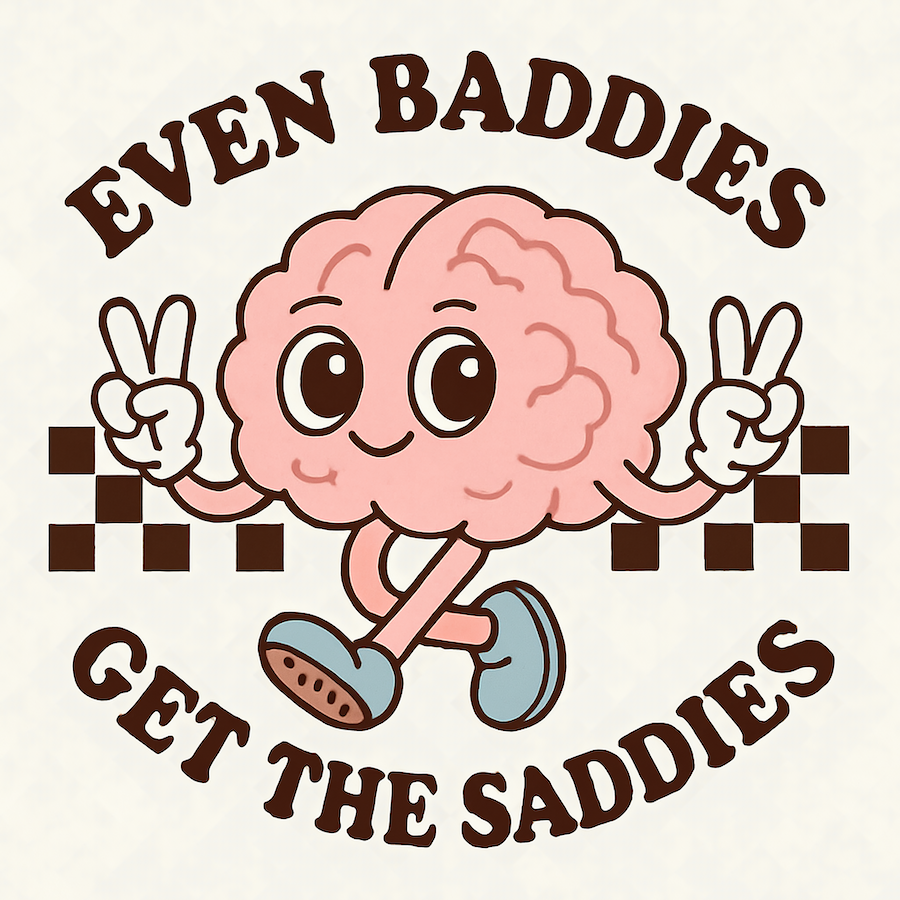 Even Baddies Get The Saddies retro groovy brain square glossy magnet