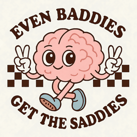 Even Baddies Get The Saddies retro groovy brain square glossy magnet