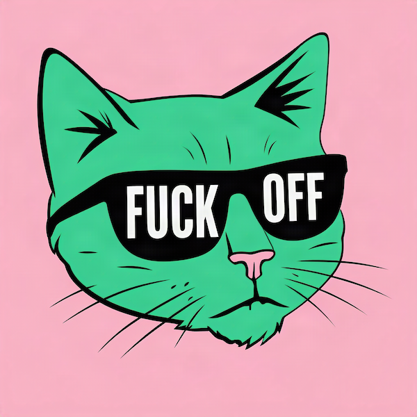 F*ck Off Cat magnet with bold pop-art style green cat wearing oversized black sunglasses with white text on vibrant pink background