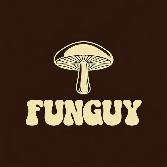 Fun Guy Mushroom magnet with vintage botanical style mushroom illustration and bold groovy retro bubble letter FUNGUY typography in warm cream on rich dark chocolate brown background