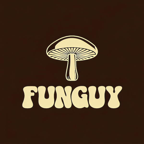 Fun Guy Mushroom magnet with vintage botanical style mushroom illustration and bold groovy retro bubble letter FUNGUY typography in warm cream on rich dark chocolate brown background