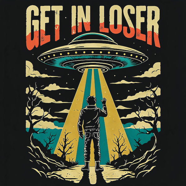 Get In Loser magnet with retro sci-fi illustration of a figure being beamed up by a teal UFO under starry night sky with bold red distressed typography on black background
