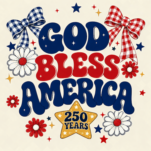 God Bless America 250 Years magnet with retro patriotic typography, plaid bows, daisies, and stars in red, white, and blue