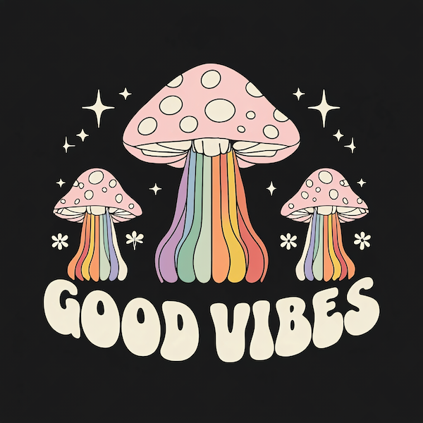 Good Vibes Mushrooms magnet with three retro pink-capped mushrooms with rainbow striped stems sparkle stars and daisies with bold groovy cream Good Vibes typography on black background