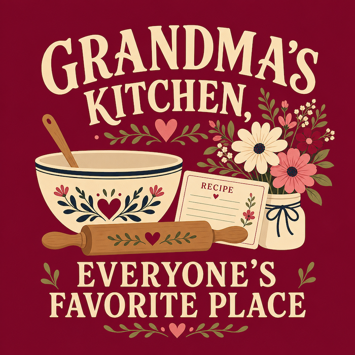 Grandma's Kitchen Everyone's Favorite Place magnet with folk art mixing bowl, rolling pin, recipe card and wildflower bouquet in mason jar on cranberry red background with cream typography