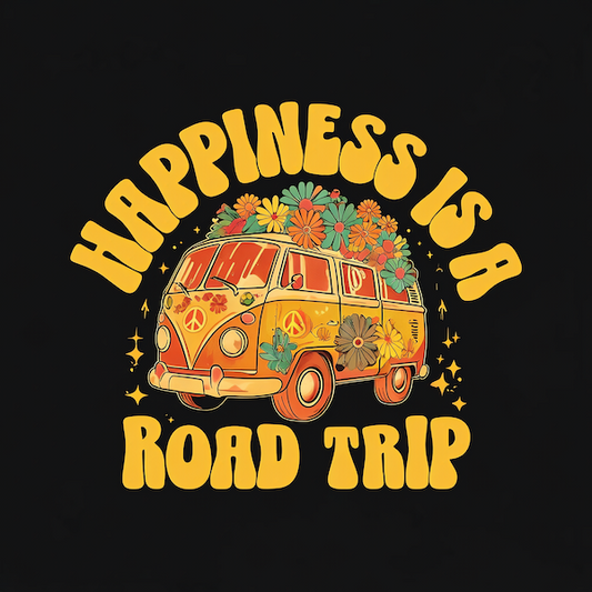 Happiness Is a Road Trip magnet with retro groovy flower-covered VW bus loaded with colorful daisies and peace signs framed by bold arched golden yellow bubble typography and sparkle stars on deep black background