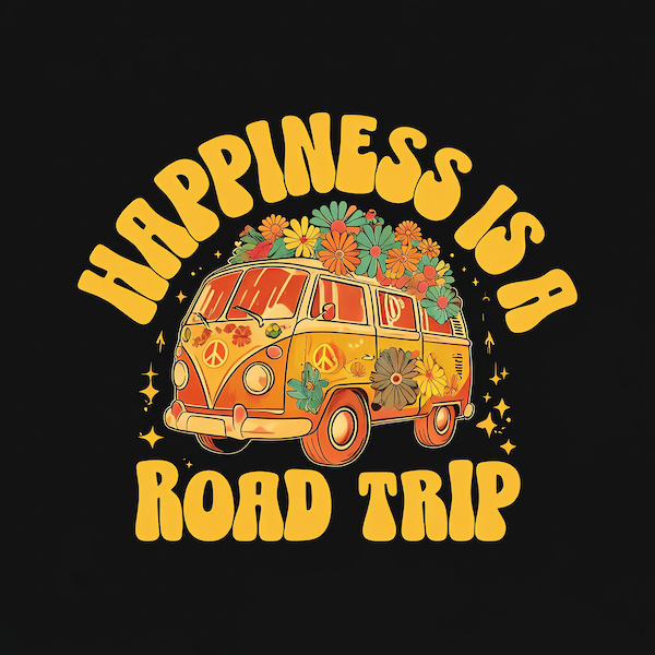 Happiness Is a Road Trip magnet with retro groovy flower-covered VW bus loaded with colorful daisies and peace signs framed by bold arched golden yellow bubble typography and sparkle stars on deep black background