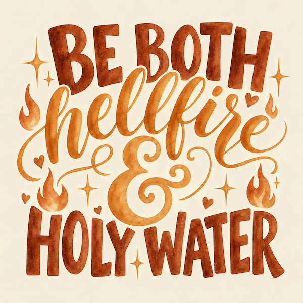 Be Both Hellfire and Holy Water magnet with watercolor hand lettering in warm amber and rust tones with flames and hearts