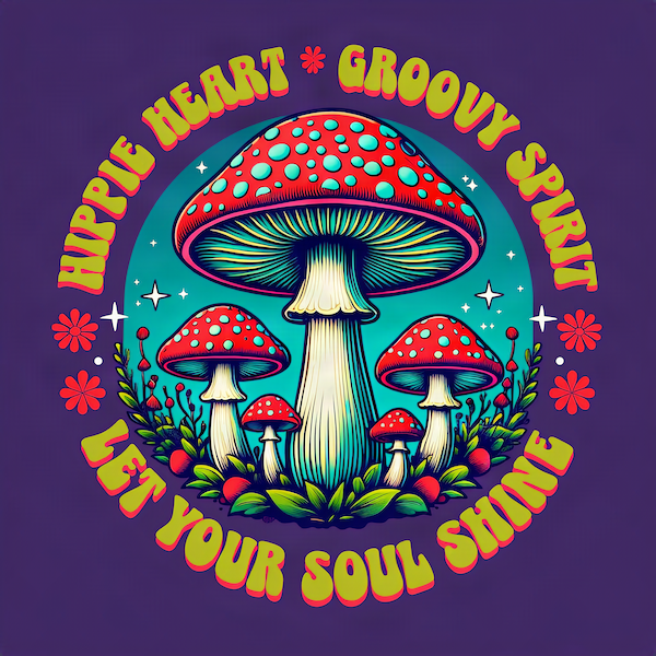 Hippie Heart Groovy Spirit Let Your Soul Shine magnet with psychedelic red polka dot mushrooms in teal glowing circle surrounded by bold orange and yellow groovy retro typography red daisies and sparkle stars on deep purple background