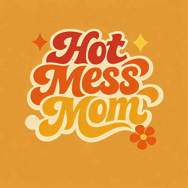 Hot Mess Mom magnet with retro groovy typography in warm red and orange tones on golden yellow background