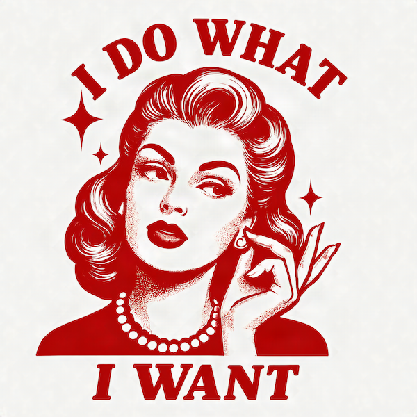 I Do What I Want magnet with retro pin-up woman illustration in bold red with sparkle stars on white background