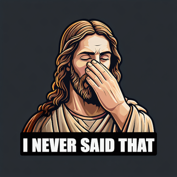Jesus I Never Said That magnet with bold comic-style illustration of Jesus facepalming with eyes closed and bold white I NEVER SAID THAT block typography on black banner on dark charcoal background