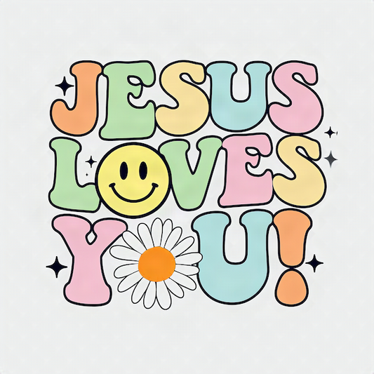Jesus Loves You magnet with retro groovy pastel bubble letters in orange green yellow teal and pink with yellow smiley face and white daisy accent on soft white background