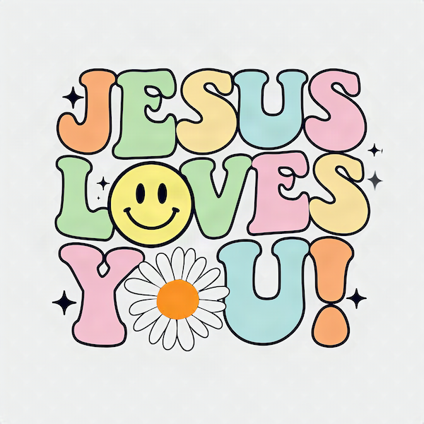 Jesus Loves You magnet with retro groovy pastel bubble letters in orange green yellow teal and pink with yellow smiley face and white daisy accent on soft white background