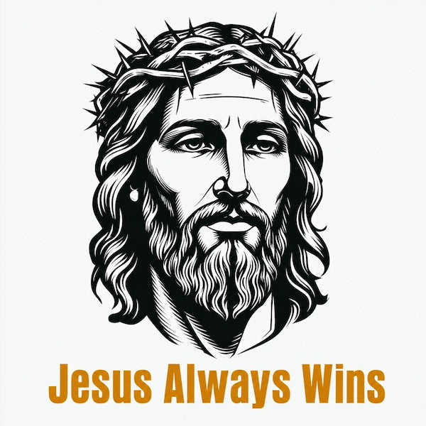 Jesus Always Wins magnet with bold detailed pen-and-ink portrait of Jesus wearing crown of thorns and bold gold Jesus Always Wins serif typography on clean white background
