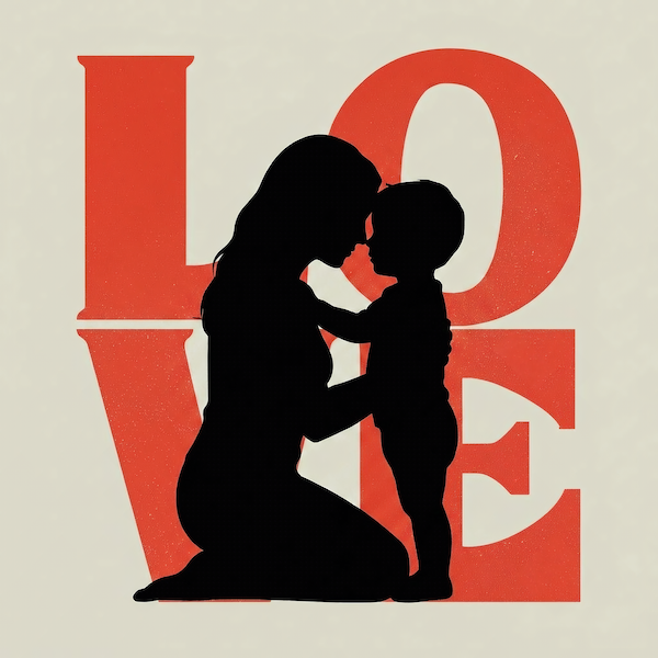 LOVE magnet featuring a silhouette of a mother and child with bold red LOVE letters in the background