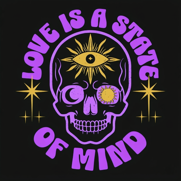 Love Is a State of Mind magnet featuring a purple skull with third eye, crescent moon and sun eye sockets surrounded by gold star bursts with bold purple groovy typography on black background
