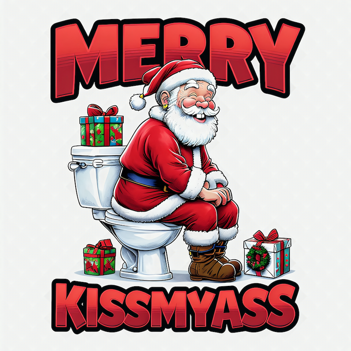 Merry Kissmyass magnet featuring a cartoon Santa sitting on a toilet surrounded by Christmas gifts with bold red graffiti typography on white background