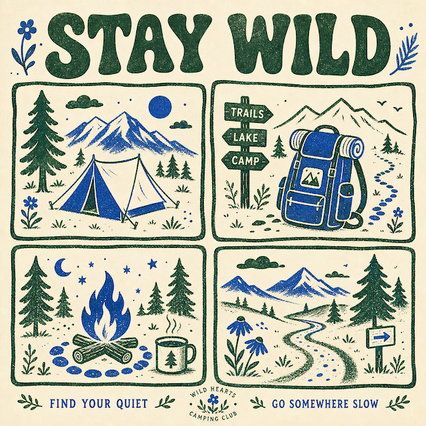 Stay Wild magnet with vintage-style illustrations of mountains, tent, campfire, backpack and trails in green and blue