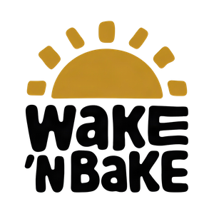 Wake N Bake magnet with golden half sun illustration and bold playful black hand-lettered Wake N Bake typography on white background