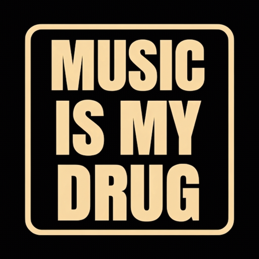 Music Is My Drug magnet with bold cream block typography on black background with rounded square border