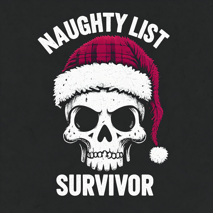 Naughty List Survivor skull with Santa hat dark holiday square glossy magnet