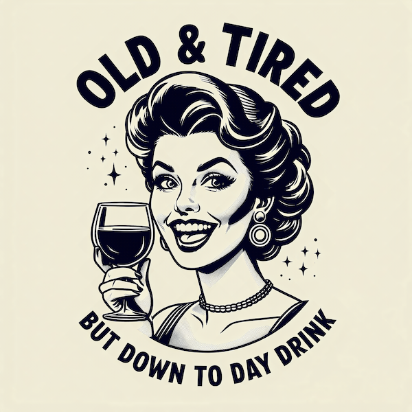 Old and Tired But Down to Day Drink magnet with vintage illustration of glamorous woman raising red wine glass with beaming smile and sparkle stars with bold arched black block typography on soft cream background