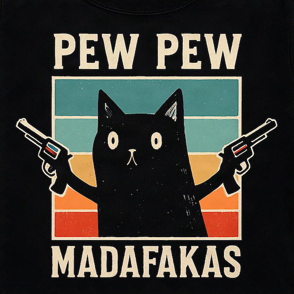 Pew Pew Madafakas magnet featuring a wide-eyed black cat holding two revolvers against a retro teal orange and red sunset stripe background with bold distressed cream typography on black