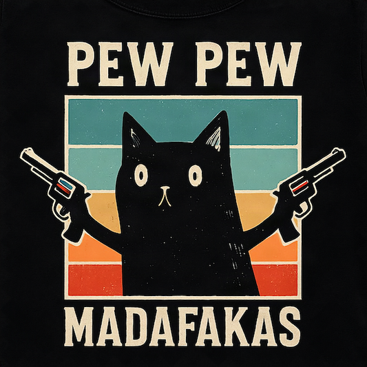 Pew Pew Madafakas magnet featuring a wide-eyed black cat holding two revolvers against a retro teal orange and red sunset stripe background with bold distressed cream typography on black