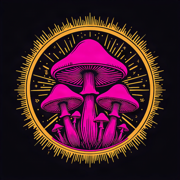 Psychedelic Neon Mushrooms magnet with cluster of vivid hot pink mushrooms of varying sizes radiating energy within a golden sunburst circle frame on deep black background