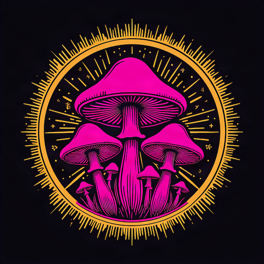 Psychedelic Neon Mushrooms magnet with cluster of vivid hot pink mushrooms of varying sizes radiating energy within a golden sunburst circle frame on deep black background