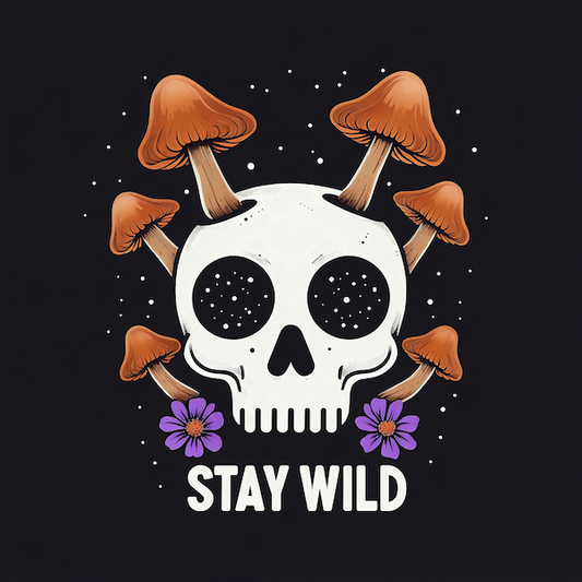 Stay Wild Skull magnet with white skull surrounded by brown mushrooms purple wildflowers and white dot stars with bold Stay Wild typography on deep black background