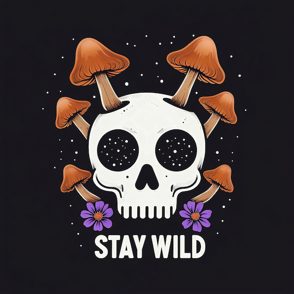 Stay Wild Skull magnet with white skull surrounded by brown mushrooms purple wildflowers and white dot stars with bold Stay Wild typography on deep black background