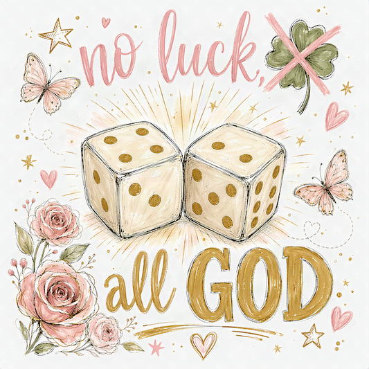 No Luck All God magnet with soft watercolor cream and gold dice radiating light pink roses butterflies gold stars pink hearts and crossed-out clover with pink script and bold gold typography on white background