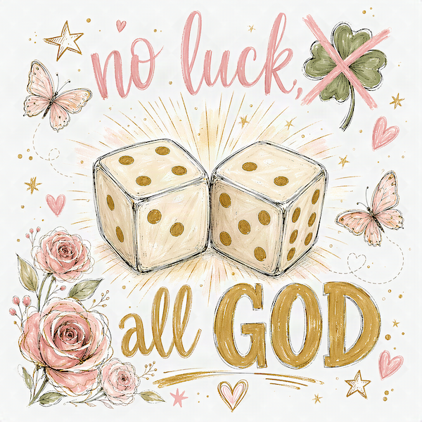 No Luck All God magnet with soft watercolor cream and gold dice radiating light pink roses butterflies gold stars pink hearts and crossed-out clover with pink script and bold gold typography on white background