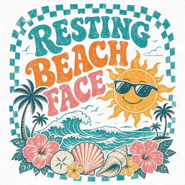 Resting Beach Face magnet with retro sun in sunglasses, ocean waves, palm trees, hibiscus flowers and seashells in teal, orange and pink